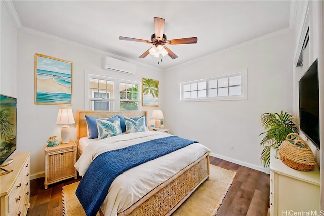 bedroom featuring a wall mounted AC, ornamental molding, ceiling fan, and dark hardwood / wood-style flooring