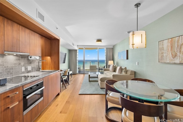 kitchen featuring oven, sink, light hardwood / wood-style floors, pendant lighting, and a water view