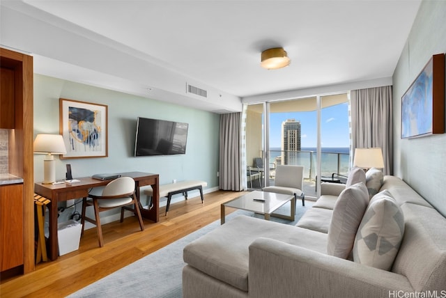 living room featuring expansive windows and light hardwood / wood-style floors