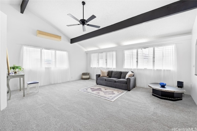 living room with vaulted ceiling with beams, a textured ceiling, light colored carpet, and ceiling fan