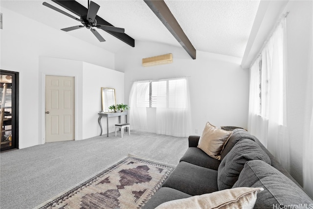 carpeted living room with vaulted ceiling with beams, a textured ceiling, and ceiling fan