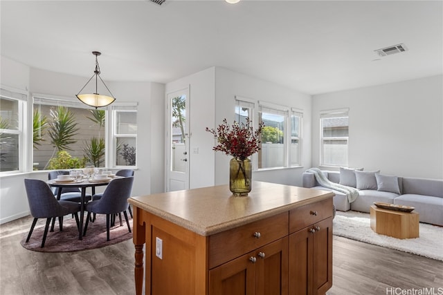 kitchen featuring wood-type flooring, decorative light fixtures, and a kitchen island