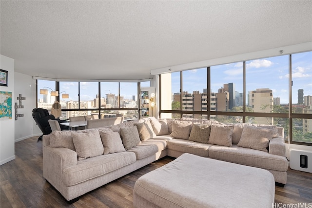 living room featuring a textured ceiling, dark hardwood / wood-style floors, and expansive windows