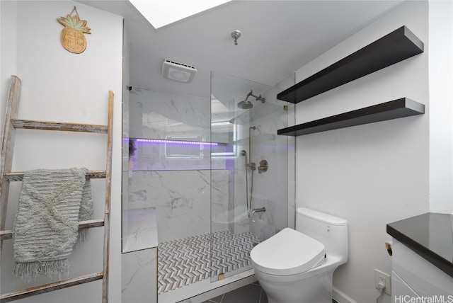 bathroom featuring toilet, an enclosed shower, and vanity