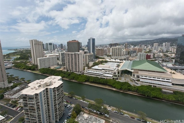 aerial view featuring a water view