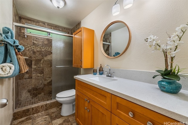 bathroom with vanity, toilet, and walk in shower