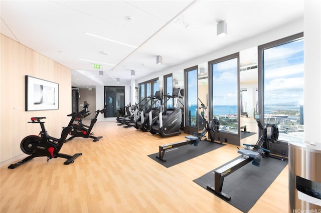 gym with wood finished floors