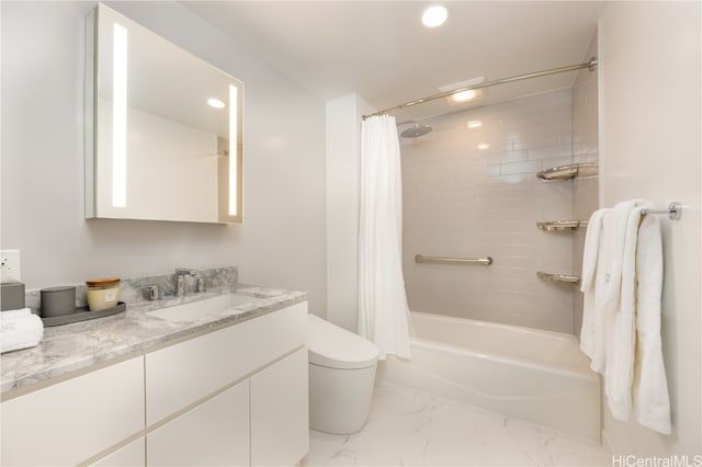 full bathroom featuring toilet, shower / tub combo with curtain, and vanity