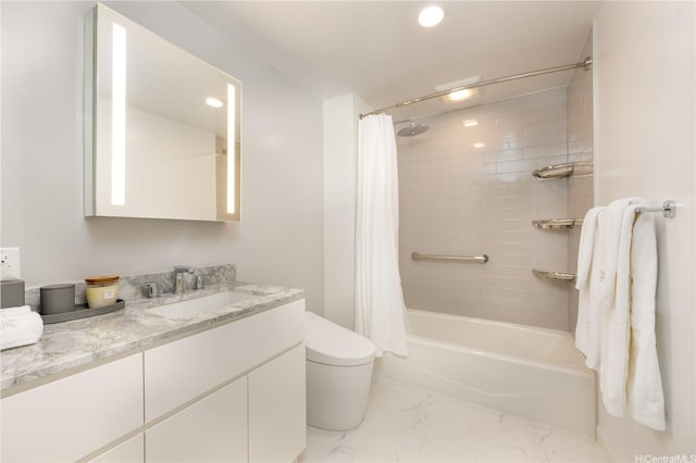 full bath with recessed lighting, vanity, toilet, marble finish floor, and shower / tub combo with curtain