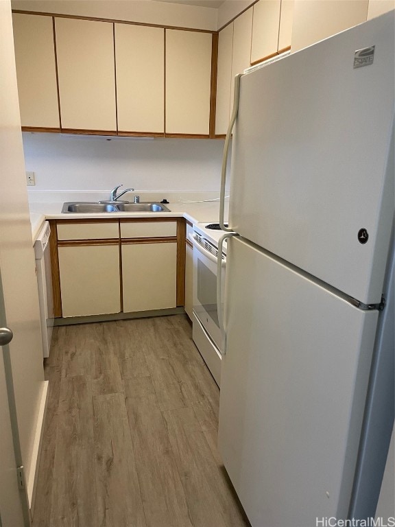 kitchen featuring cream cabinets, sink, light wood-type flooring, and white appliances