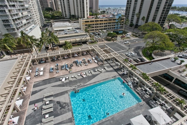 bird's eye view with a water view