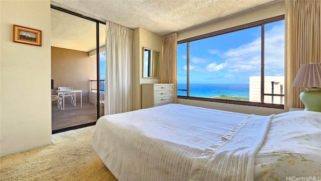 carpeted bedroom with a water view and a textured ceiling