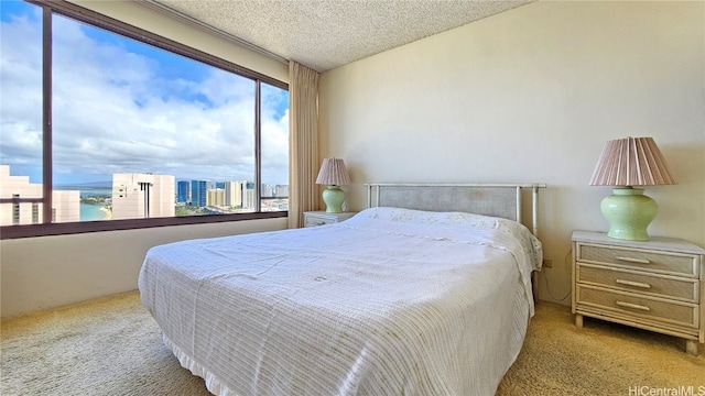 carpeted bedroom featuring a textured ceiling