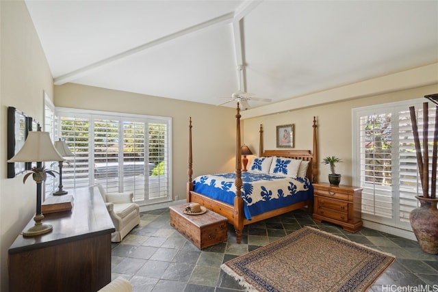 bedroom with rail lighting, ceiling fan, high vaulted ceiling, and beamed ceiling