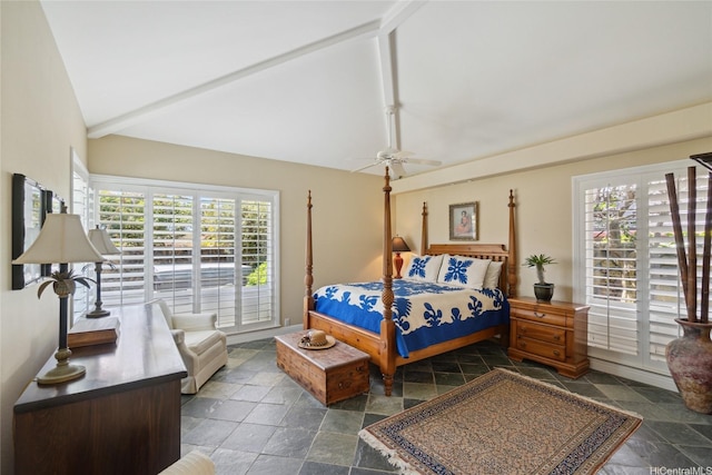 bedroom with high vaulted ceiling, ceiling fan, stone tile floors, and beamed ceiling