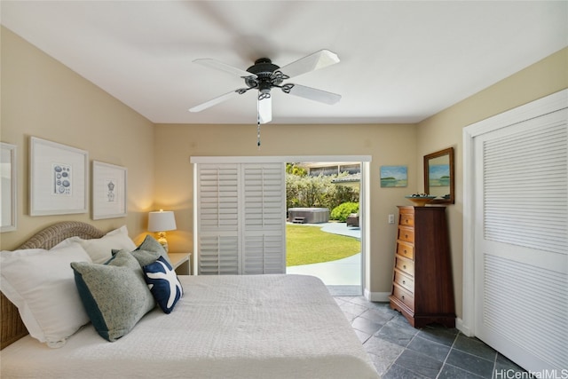 bedroom featuring access to outside and ceiling fan