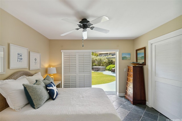 bedroom with ceiling fan, baseboards, and access to outside