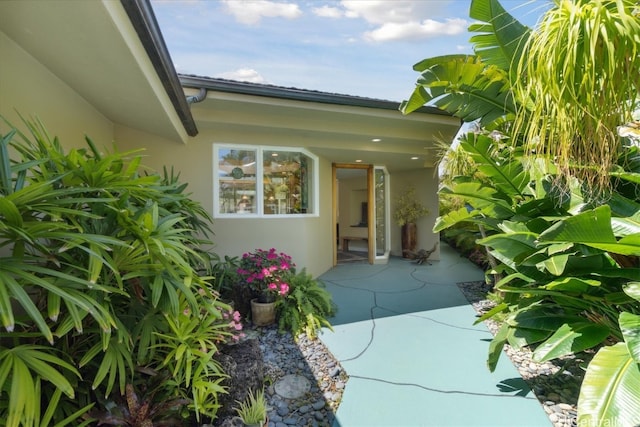 view of exterior entry with a patio area