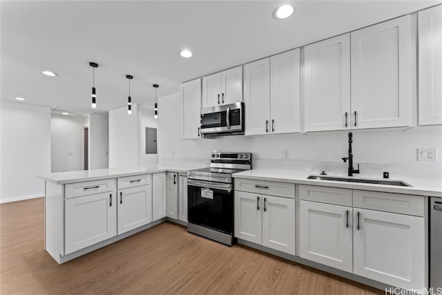 kitchen with sink, kitchen peninsula, hanging light fixtures, white cabinetry, and stainless steel appliances