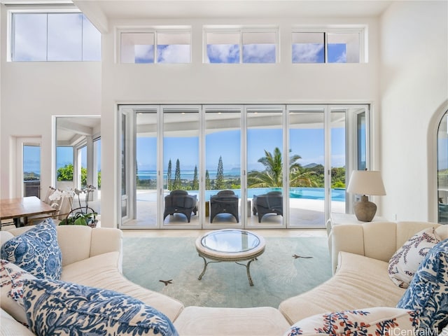 living room featuring a towering ceiling