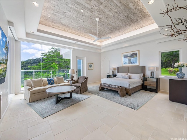 bedroom featuring baseboards, recessed lighting, a raised ceiling, and wood ceiling