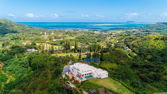 aerial view featuring a water view and a forest view