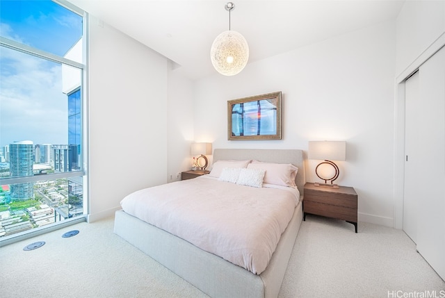 bedroom featuring light colored carpet and a closet