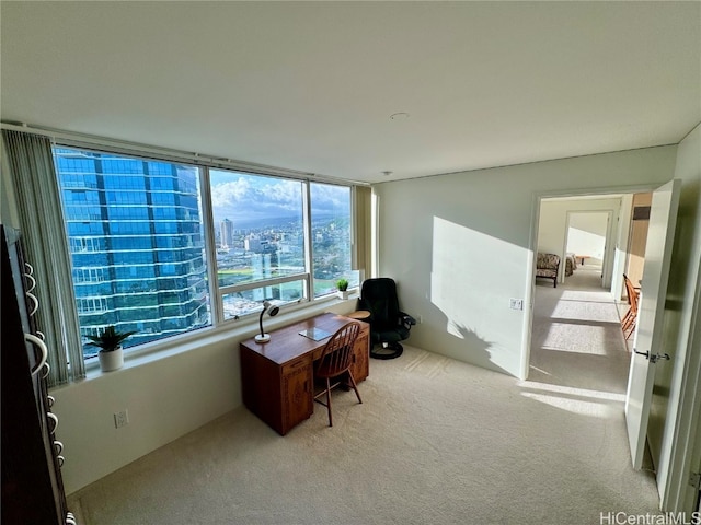 home office featuring light carpet