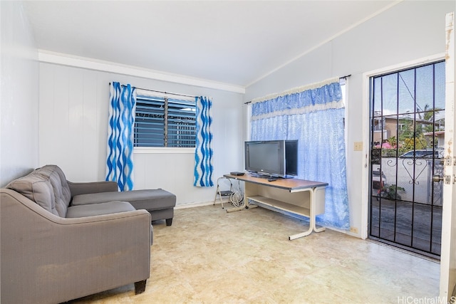 interior space featuring lofted ceiling and ornamental molding