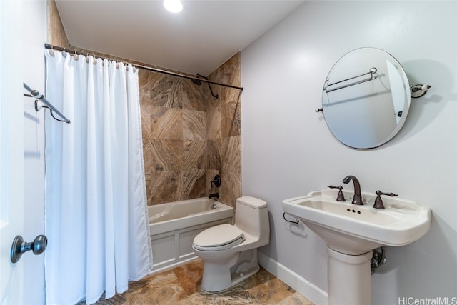 bathroom featuring toilet and shower / bathtub combination with curtain