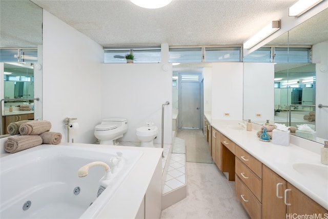 full bathroom featuring shower with separate bathtub, a textured ceiling, toilet, vanity, and a bidet