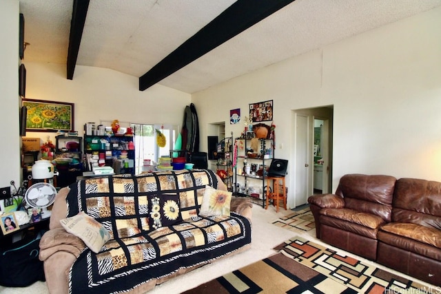 living room featuring a textured ceiling, lofted ceiling with beams, and light colored carpet