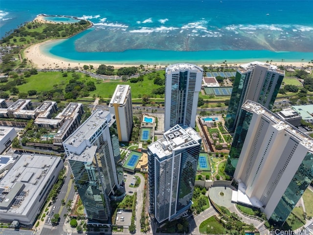 drone / aerial view with a water view and a beach view