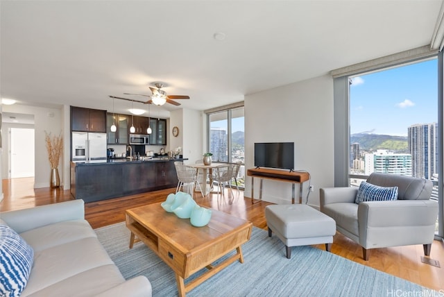 living room featuring light hardwood / wood-style floors, a wall of windows, sink, and ceiling fan