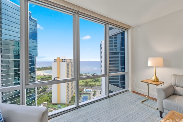 unfurnished room with a wealth of natural light, a water view, and wood-type flooring