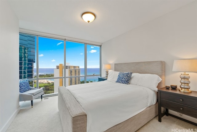 carpeted bedroom featuring multiple windows, a wall of windows, and a water view