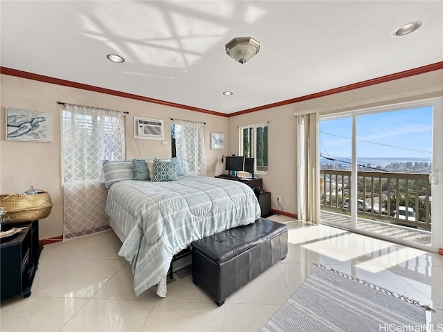 bedroom featuring access to outside, multiple windows, and an AC wall unit