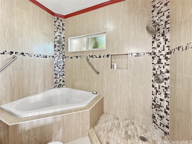 bathroom featuring tile walls, ornamental molding, and separate shower and tub