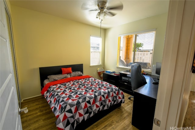 bedroom featuring dark hardwood / wood-style floors and ceiling fan