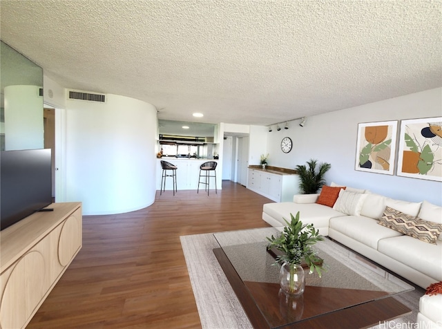 living room featuring a textured ceiling and wood-type flooring