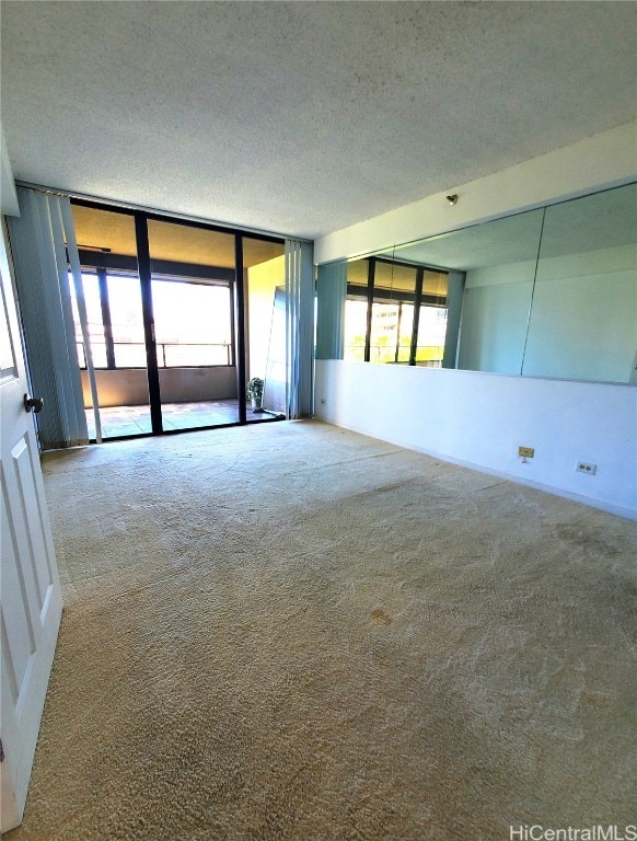 empty room with a textured ceiling, carpet floors, and a wall of windows