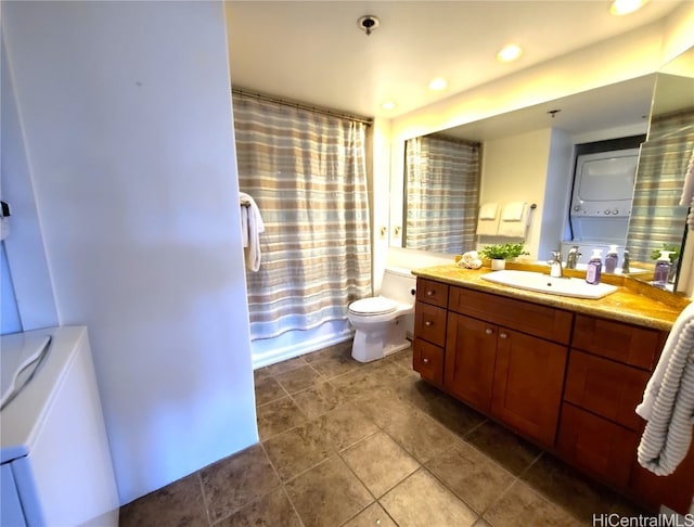 full bathroom with vanity, stacked washer / drying machine, toilet, and shower / bath combination with curtain