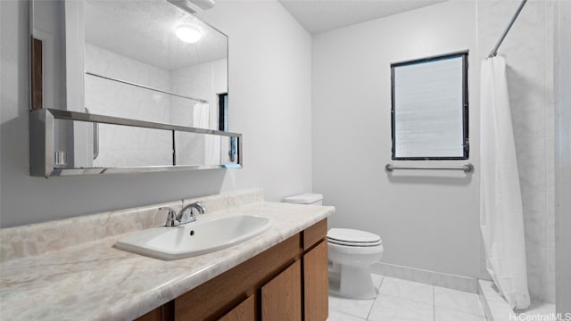 bathroom featuring a textured ceiling, walk in shower, toilet, vanity, and tile patterned flooring