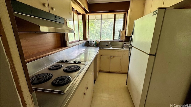 kitchen with stainless steel electric cooktop, white fridge, sink, and cream cabinetry