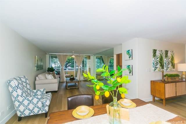 living room with light wood-type flooring and ceiling fan