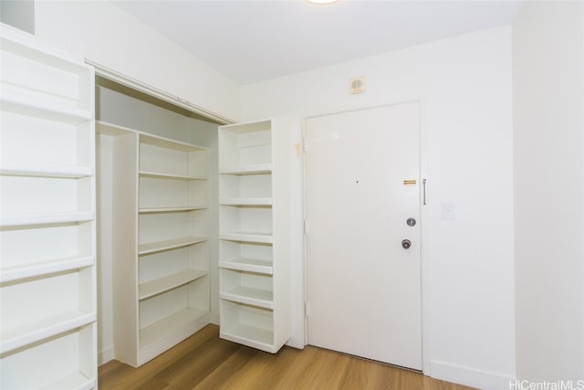 walk in closet with hardwood / wood-style flooring