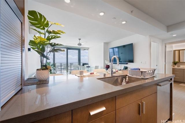 kitchen with stainless steel dishwasher, sink, floor to ceiling windows, and ceiling fan