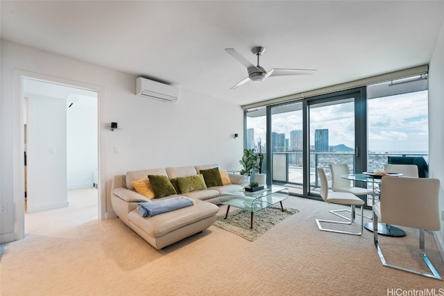 living room with light carpet, floor to ceiling windows, a wall mounted air conditioner, and ceiling fan