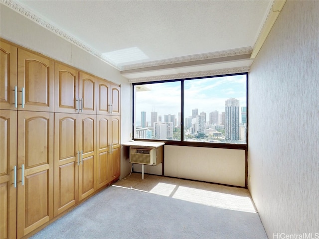 carpeted bedroom with a closet, a textured ceiling, and an AC wall unit