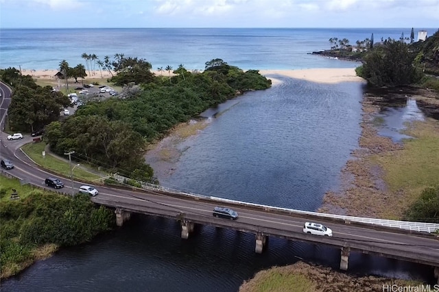 aerial view featuring a water view